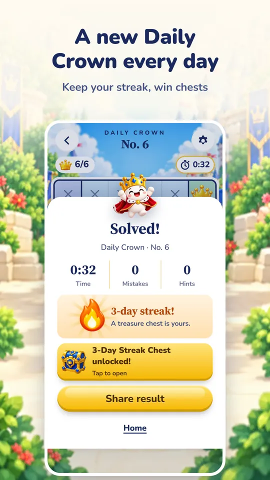 A solved Daily Crown puzzle with a three-day streak and a treasure chest