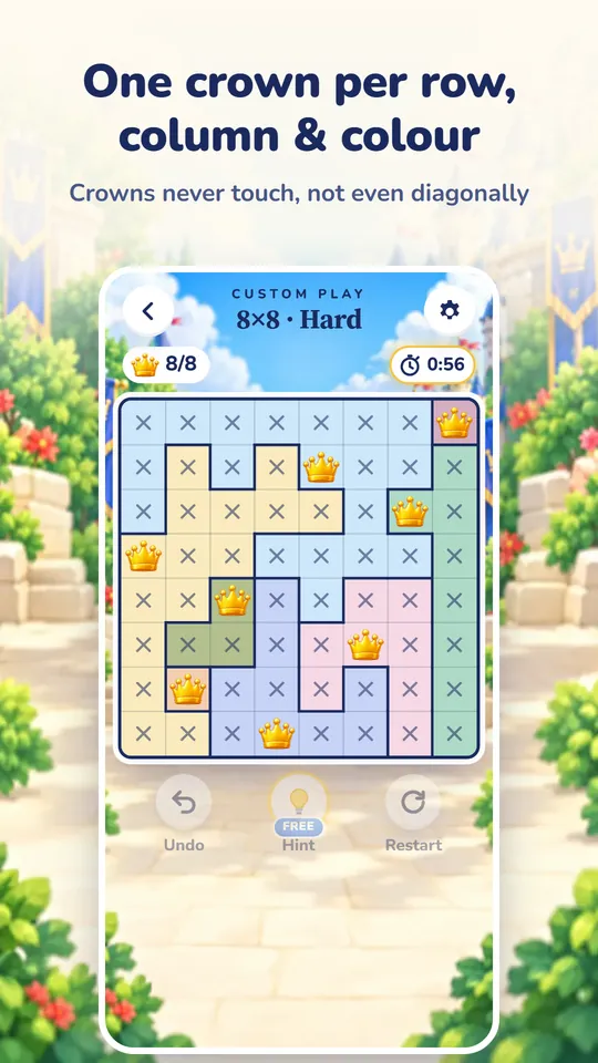 An 8×8 Crowns Up! board with one crown in every row, column and colour region