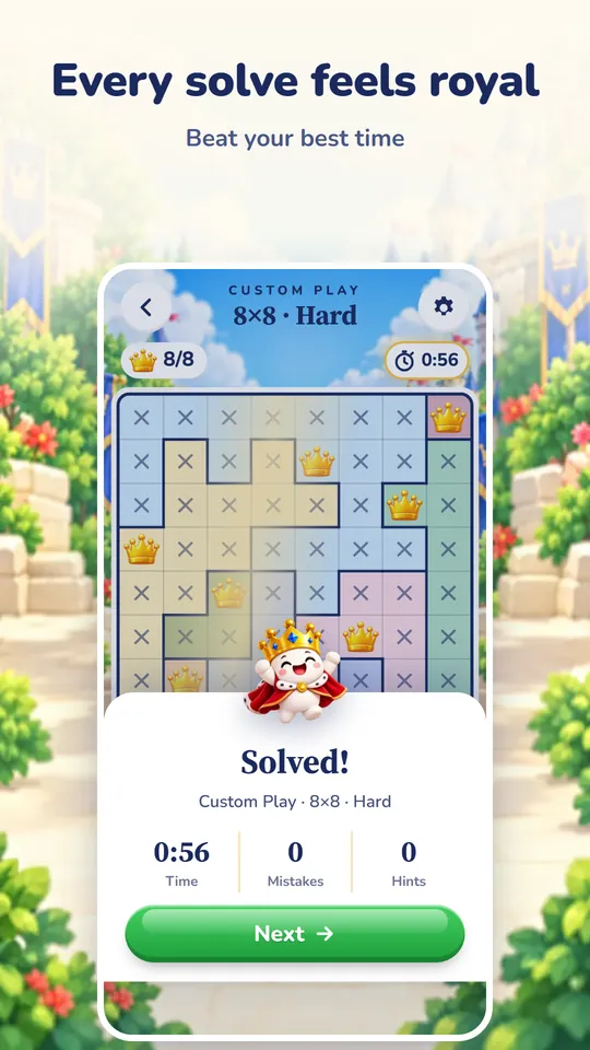 The solved screen showing time, mistakes and hints used